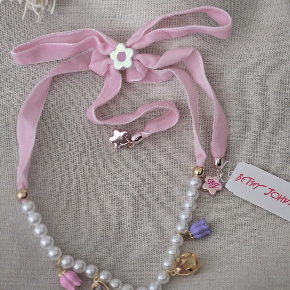 Betsey Johnson Pearl and Charm Necklace - White, Gold, Purple, Pink